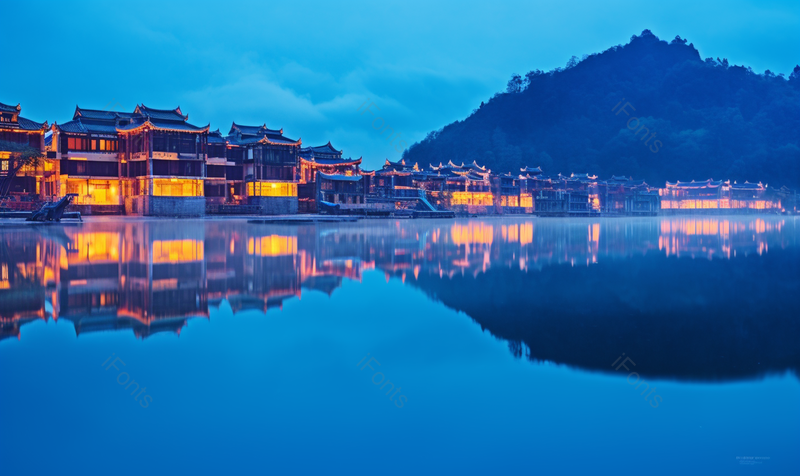 夜晚光影凤凰古城水天一色,高清,摄影图,摄影图片,图片大全,摄影图免费下载